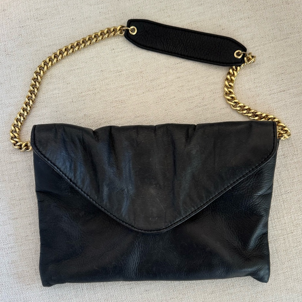 J. Crew Soft Black Leather Envelope Shoulder Bag W/ Gold Chain Magnetic Closure